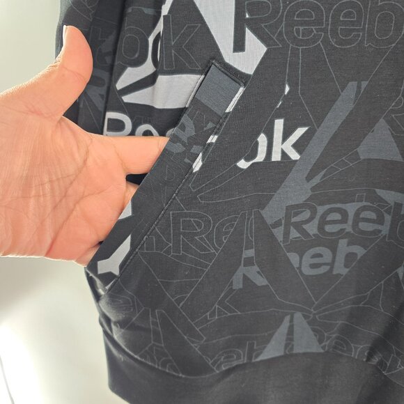 Reebok Hoodie Mens Small Black Gray AOP Polyester Blend Pullover Sweatshirt - Picture 3 of 7